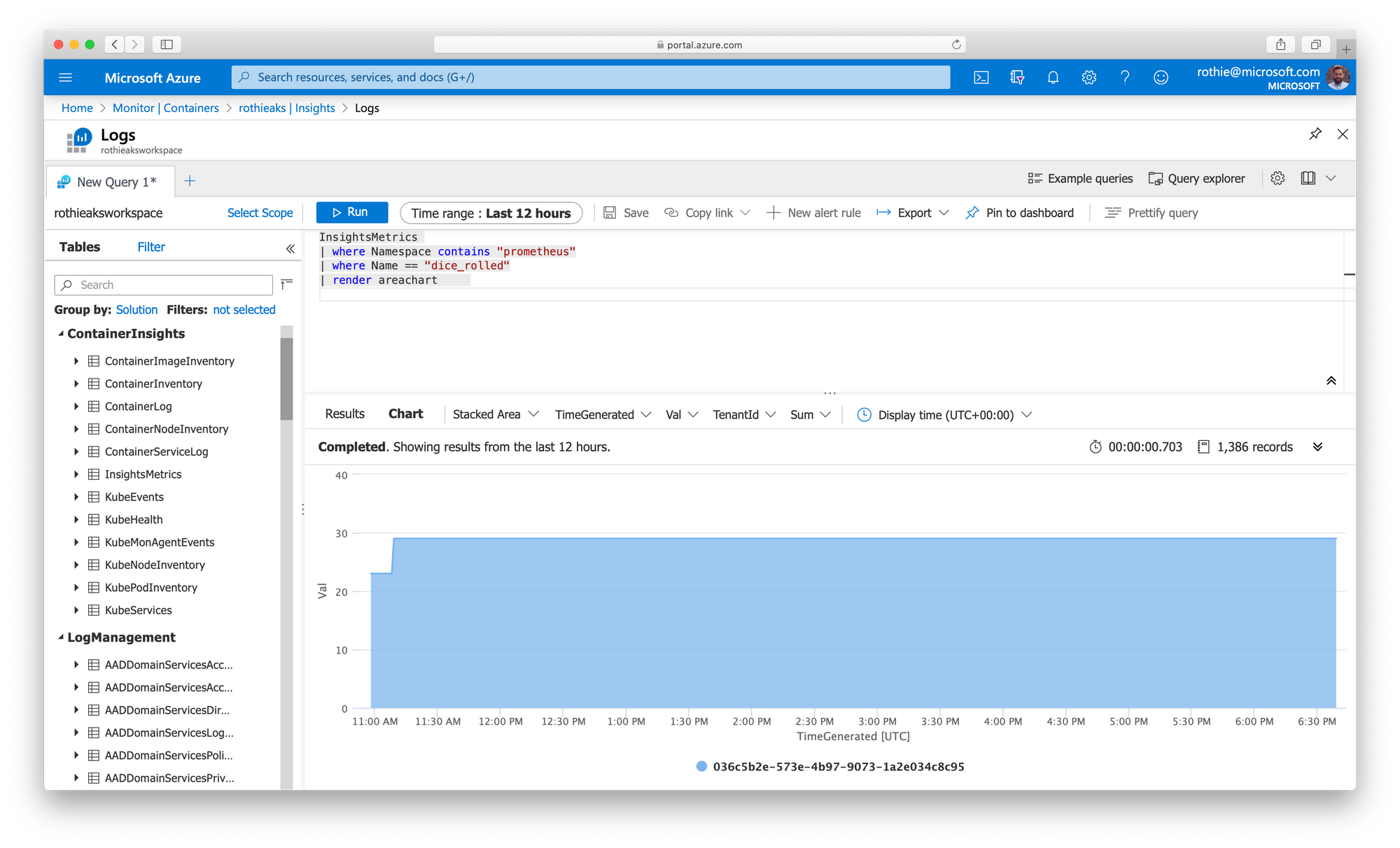 Screenshot of Rendering Prometheus Metrics as an Area Chart in Azure